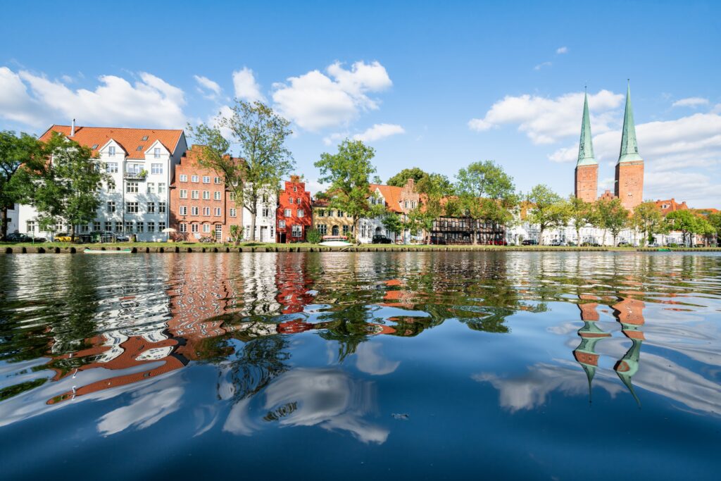 Hanseatic town of Lübeck along the Trave River, Schleswig-Holstein, Germany