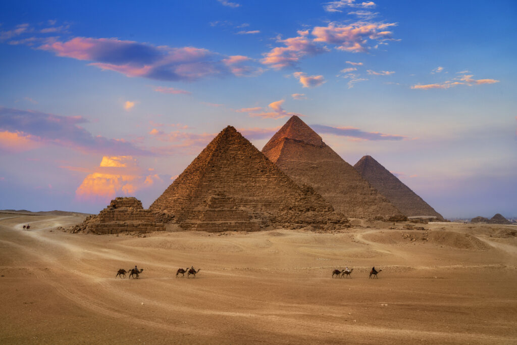 Giza Egypt Pyramids in Sunset Scene, Wonders of the World.
